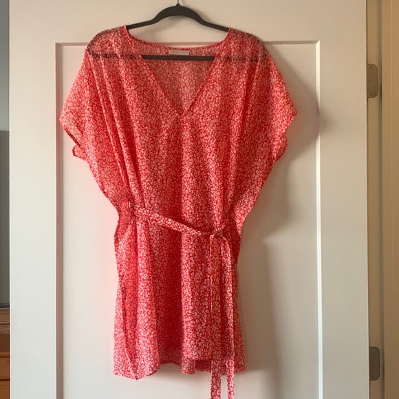 MICHAEL Michael Kors - Red Floral V-Neck Caftan Swim Cover Up w/Belt - Small - Picture 1 of 4